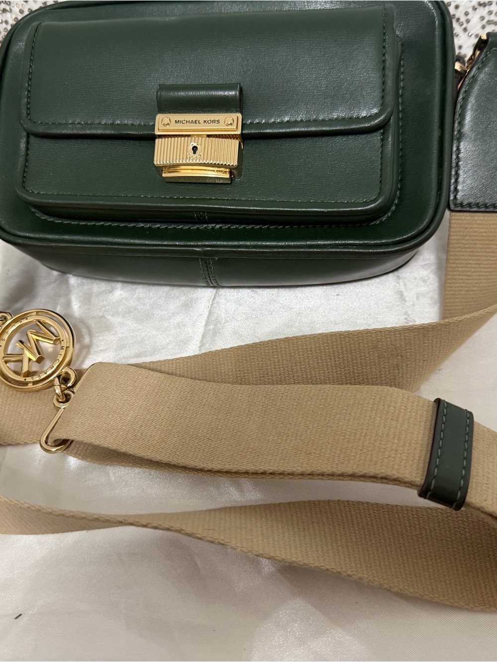 Michael Kors Forest Green Leather Crossbody with Beige Strap and Gold Hardware